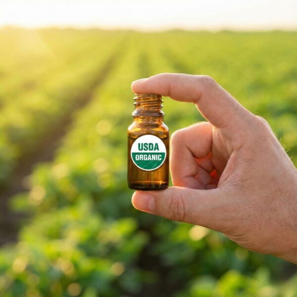 close-up photograph of a person's hand holding a small, amber glass bottle with a green and white "USDA Organic" label