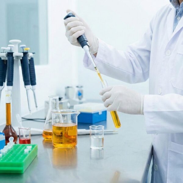 close-up photograph of a scientist in a white lab coat using a pipette to transfer a golden liquid