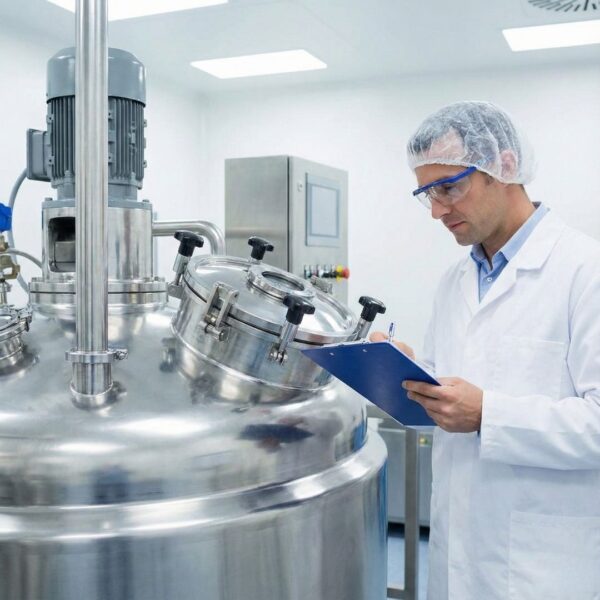 quality control inspector with a clipboard checking a large piece of manufacturing equipment
