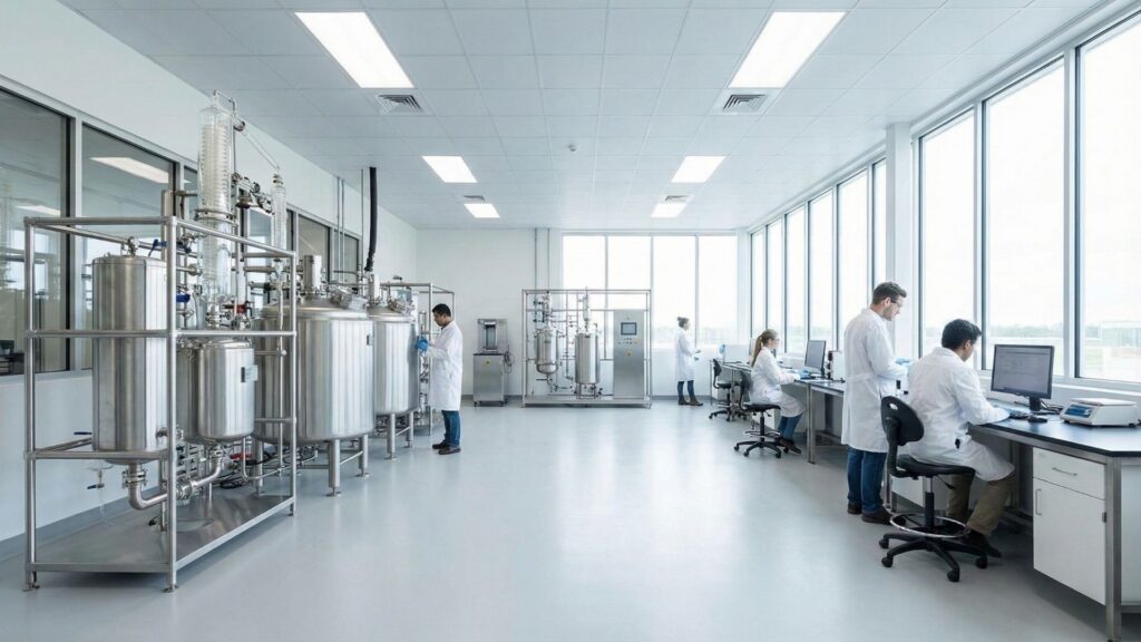 wide-angle landscape photograph of a modern, clean, high-tech laboratory facility