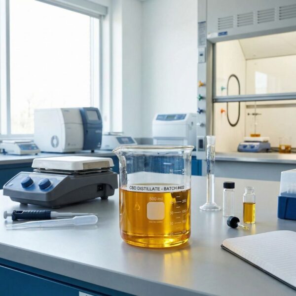 cbd oil in a beaker sitting on the table of a lab
