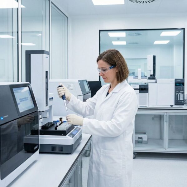 a scientist working in a lab with a white lab coat