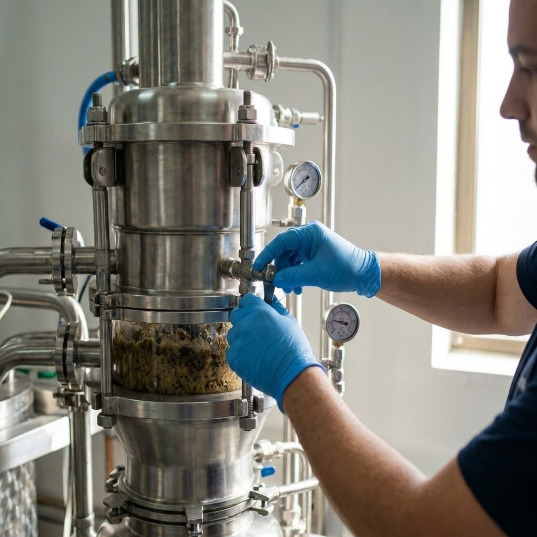 Gloved hands adjust a valve on a large industrial extraction machine.