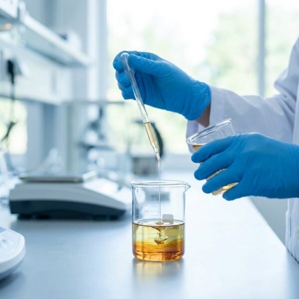 Gloved hands precisely pipette amber liquid into a beaker for custom formulation.