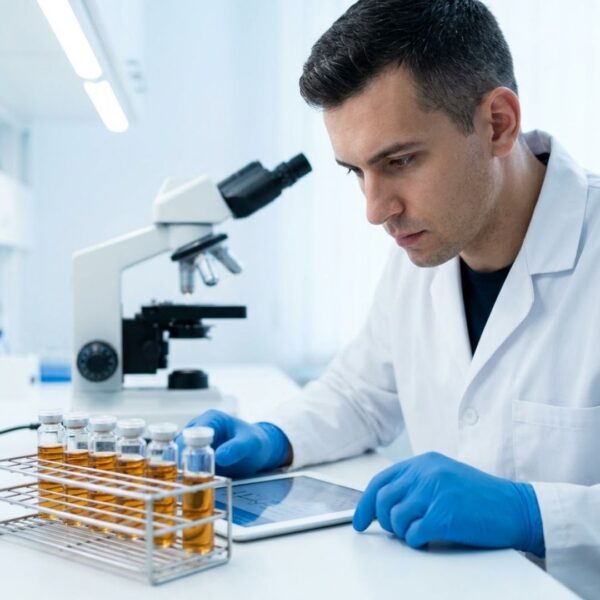 A chemist compares digital data with sealed amber vials in a sterile lab setting.