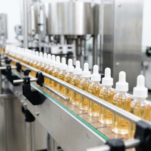 Row of identical, unlabeled dropper bottles filled with amber oil on a conveyor belt.
