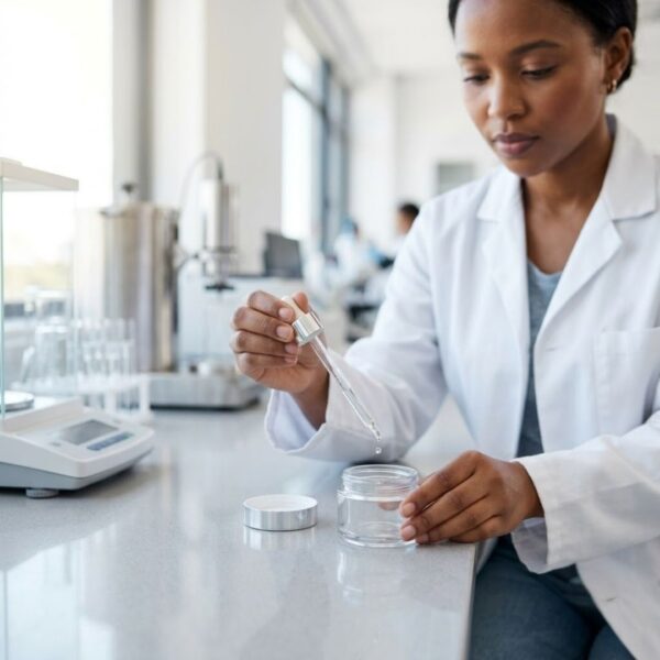 A smiling professional woman in a navy blazer sitting at a wooden desk in a modern, sunlit office, holding an unlabeled amber glass tincture bottle.