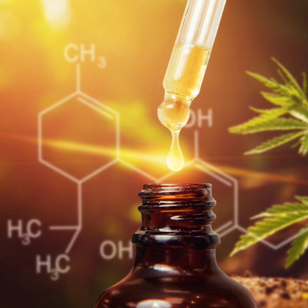 extract with an overlay of the molecular structure of CBD